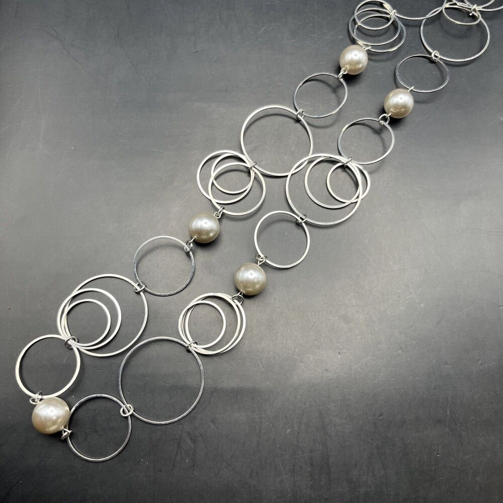 Long Silver Tone Link Statement Necklace Round Open Circle Abstract Geometric
